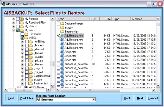 Select Files for Restore form